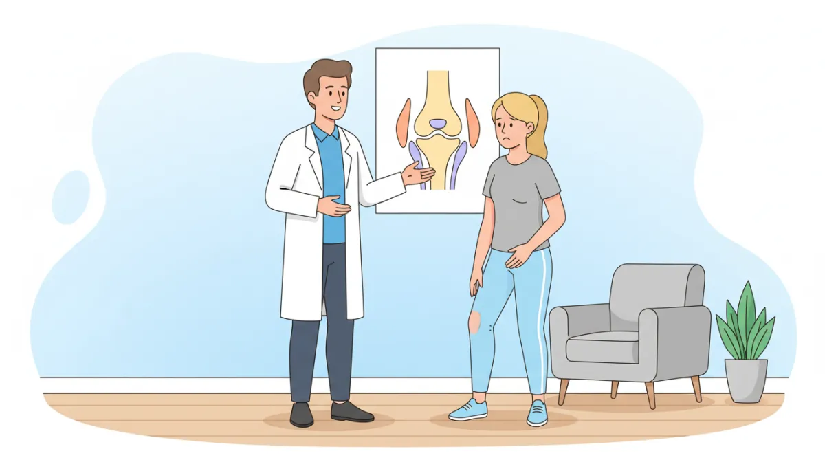 Cartoon-style illustration of a friendly chiropractor talking with a patient about knee pain, showing a simple pastel-colored diagram of the kneecap and thigh muscles on a wall chart, light blue and white background, calm non-surgical clinic setting