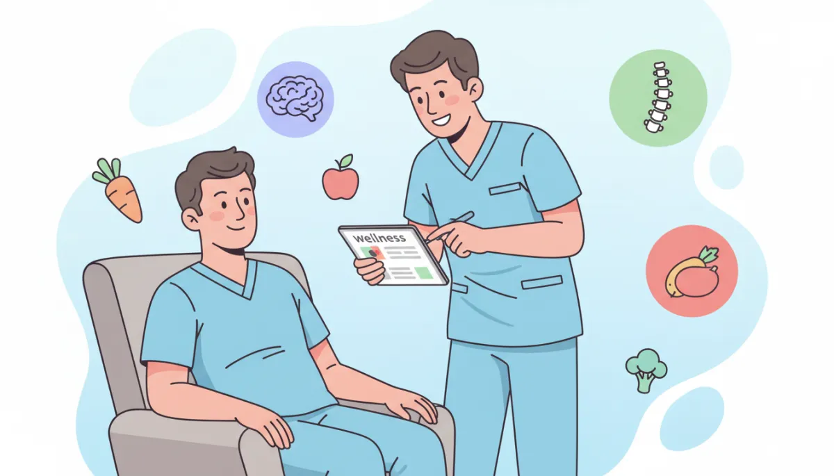 Cartoon-style illustration of a relaxed adult sitting in a calm clinic setting, friendly clinician gently reviewing a wellness plan with the patient, soft pastel colors, light blue and white background, simple icons of brain, spine, and healthy foods around them, professional and non-scary