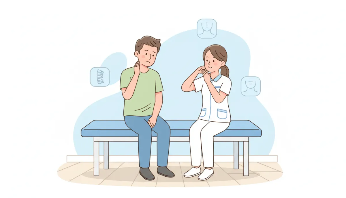 Cartoon-style illustration of a patient with mild neck discomfort sitting with a chiropractor in a bright, friendly clinic, soft pastel colors, white and light blue background, simple neck and spine icons on the wall, no needles, no surgery, calm and reassuring mood