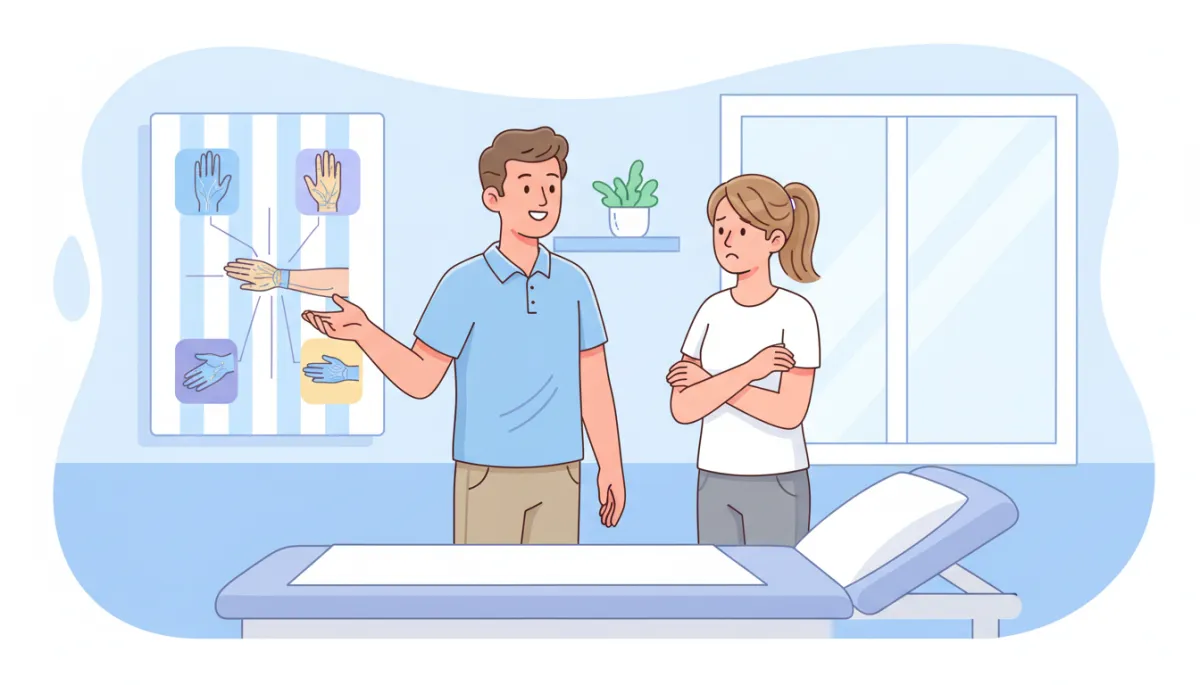 Cartoon-style illustration of a friendly chiropractor talking with a patient about wrist and forearm pain, soft pastel colors, light blue and white background, simple anatomy icons of a hand, wrist, and forearm nerves on a wall chart, calm non-surgical clinic setting Cartoon-style illustration of a friendly chiropractor talking with a patient about wrist and forearm pain, soft pastel colors, light blue and white background, simple anatomy icons of a hand, wrist, and forearm nerves on a wall chart, calm non-surgical clinic setting