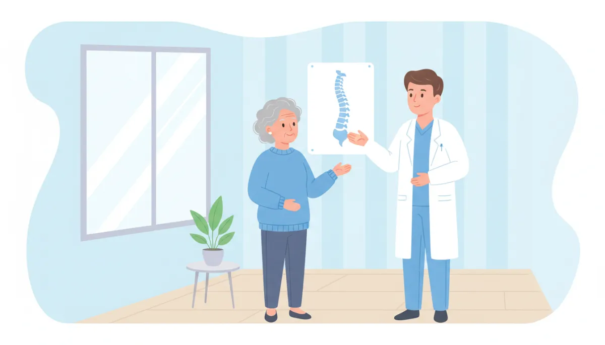 Cartoon-style illustration of an older adult talking with a friendly clinician in a bright clinic, simple spine diagram on the wall, soft pastel colors, light blue and white background, calm non-surgical setting