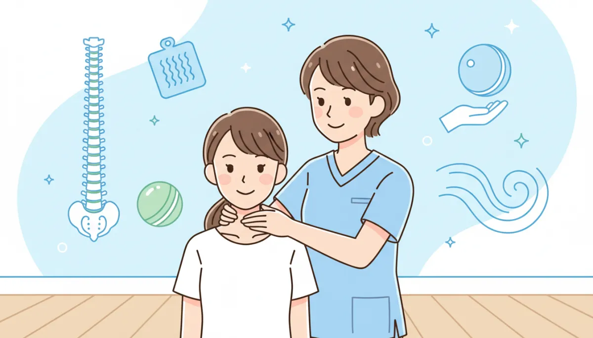 Cartoon-style illustration of a friendly chiropractor gently evaluating a patient's neck in a bright, clean clinic, with soft pastel colors, light blue and white background, simple spine and therapy icons on the wall, both patient and clinician smiling and relaxed, no needles or surgery equipment