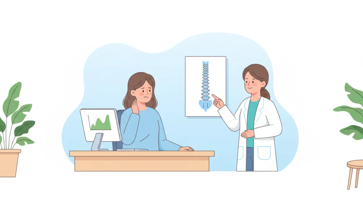 Cartoon-style illustration of an office worker sitting at a desk with a computer, gently rubbing their neck while a friendly clinician points to a simple spine diagram on a wall, soft pastel colors with a white and light blue background, non-surgical wellness setting