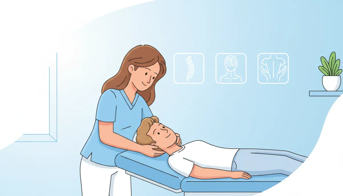 Cartoon-style chiropractor gently examining a patient's neck in a bright clinic room, soft pastel colors, light blue and white background, friendly clinician and relaxed patient, simple spine and neck icons on the wall, clean and non-scary wellness setting