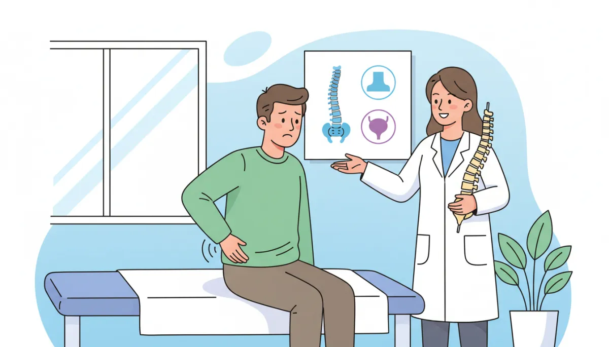 Cartoon-style illustration of a friendly chiropractor talking with an adult patient about lower back pain and bladder concerns in a bright clinic room, soft pastel colors, light blue and white background, simple spine and bladder icons on a wall chart, calm and reassuring mood, no needles or surgery equipment