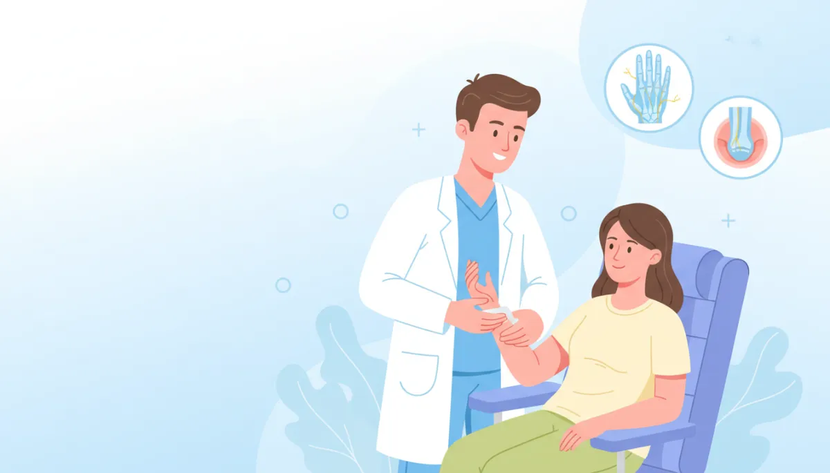 Cartoon-style chiropractor gently applying wrist traction to a relaxed patient seated in a comfortable chair, soft pastel colors, light blue and white background, simple anatomy icons of wrist nerves and carpal tunnel in the corner, friendly and professional clinic setting, no needles or surgery