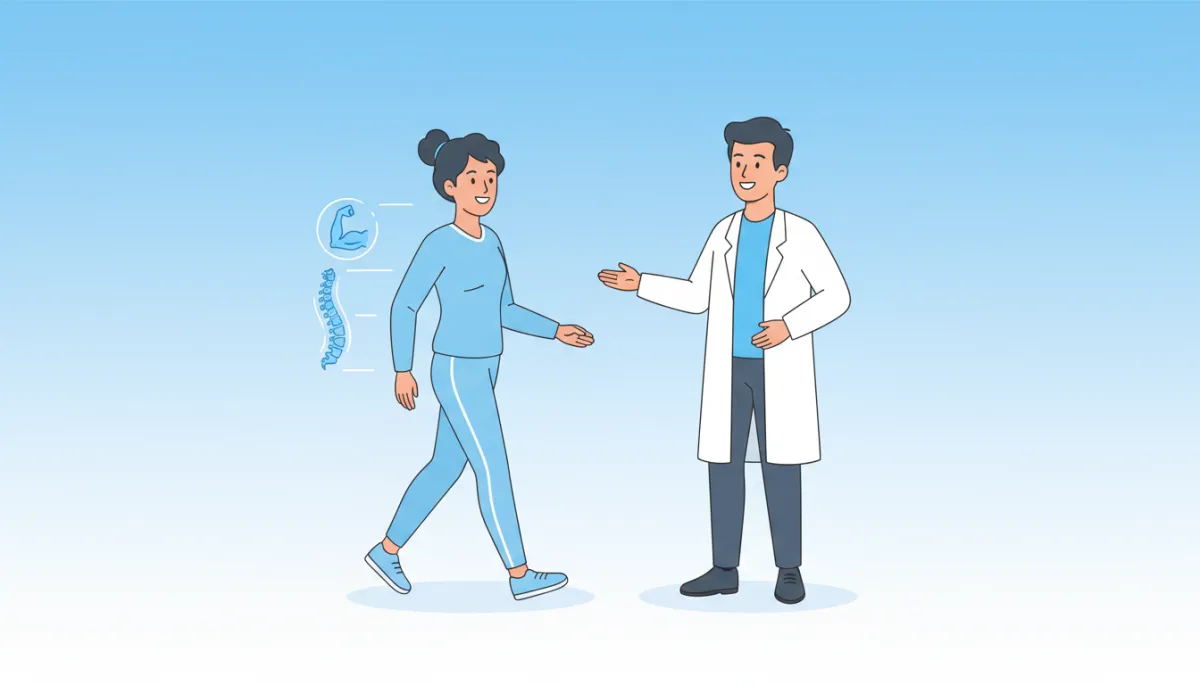 Cartoon-style illustration of a person walking with a friendly chiropractor nearby, soft pastel colors, light blue and white background, simple spine and leg icons showing movement, calm and non-surgical wellness setting Cartoon-style illustration of a person walking with a friendly chiropractor nearby, soft pastel colors, light blue and white background, simple spine and leg icons showing movement, calm and non-surgical wellness setting