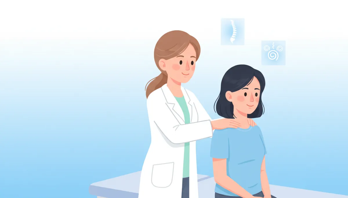 Cartoon-style chiropractor gently evaluating a patient's neck and upper back in a bright, friendly clinic room, soft pastel colors, white and light blue background, simple spine and headache icons on the wall, both patient and clinician calm and relaxed