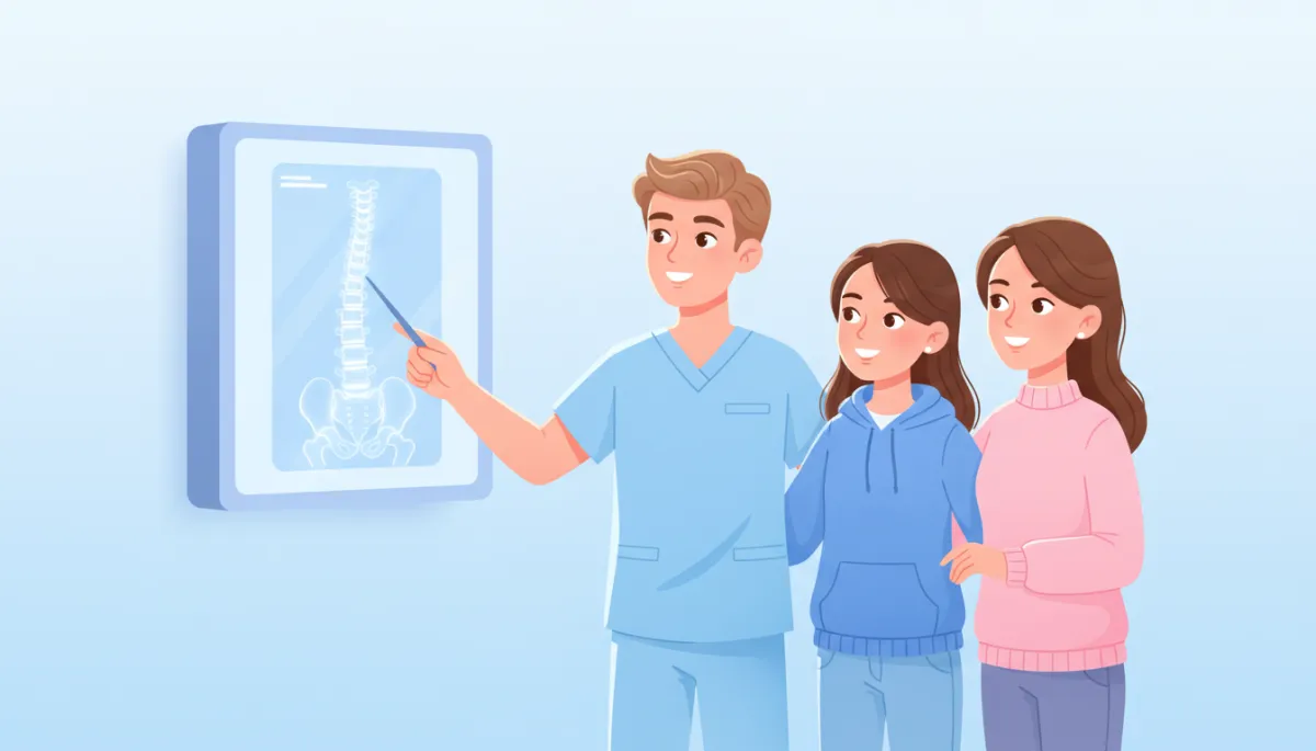 Cartoon-style illustration of a friendly chiropractor reviewing a spine X-ray with a teen patient and parent, soft pastel colors, light blue and white clinic background, calm and professional mood, no needles or surgery
