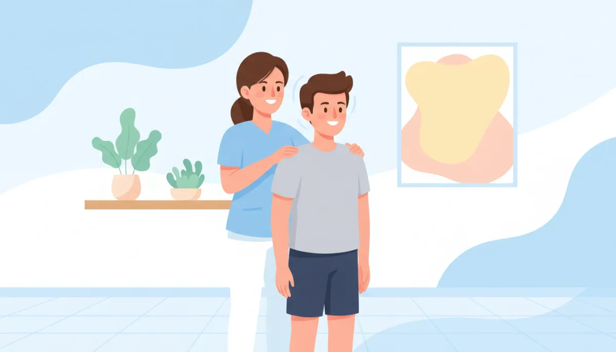 Cartoon-style illustration of a friendly chiropractor showing a patient simple neck posture exercises in a bright clinic room, soft pastel colors, light blue and white background, no needles or surgery, calm and reassuring mood