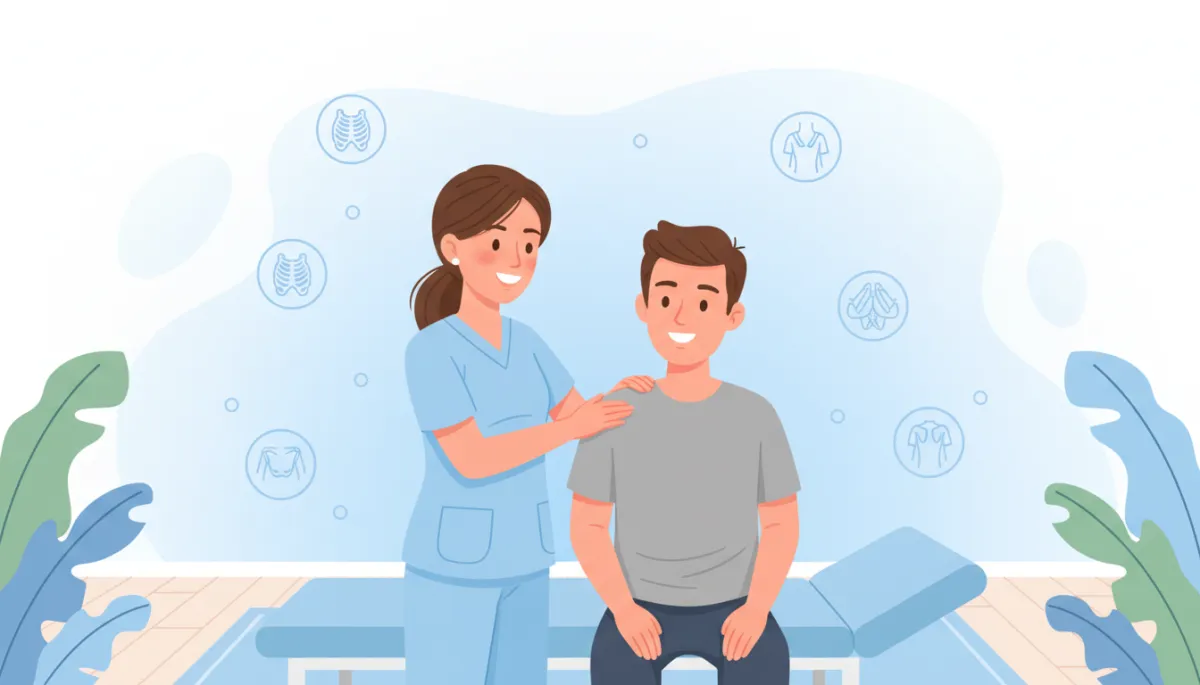Cartoon-style illustration of a friendly clinician gently examining a patient’s shoulder in a bright wellness clinic, with soft pastel colors, light blue and white background, simple shoulder anatomy icons, and a calm non-surgical setting