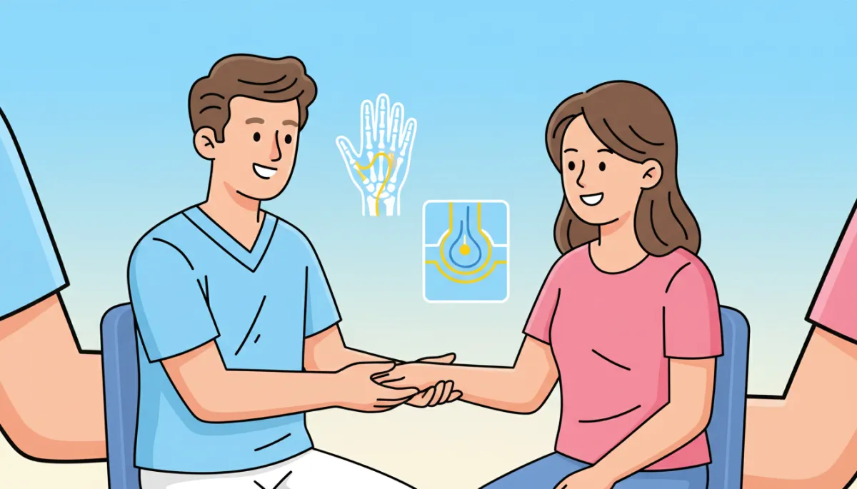 Cartoon-style chiropractor gently examining a patient’s wrist and hand in a bright, friendly clinic, with soft pastel colors, light blue background, and simple anatomy icons showing the median nerve and carpal tunnel