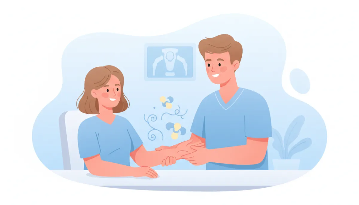 Cartoon-style illustration of a friendly clinician gently examining a patient’s wrist and hand in a bright, clean clinic, with soft pastel colors, light blue and white background, and simple icons of nerves and joints around the wrist area, non-surgical and non-scary