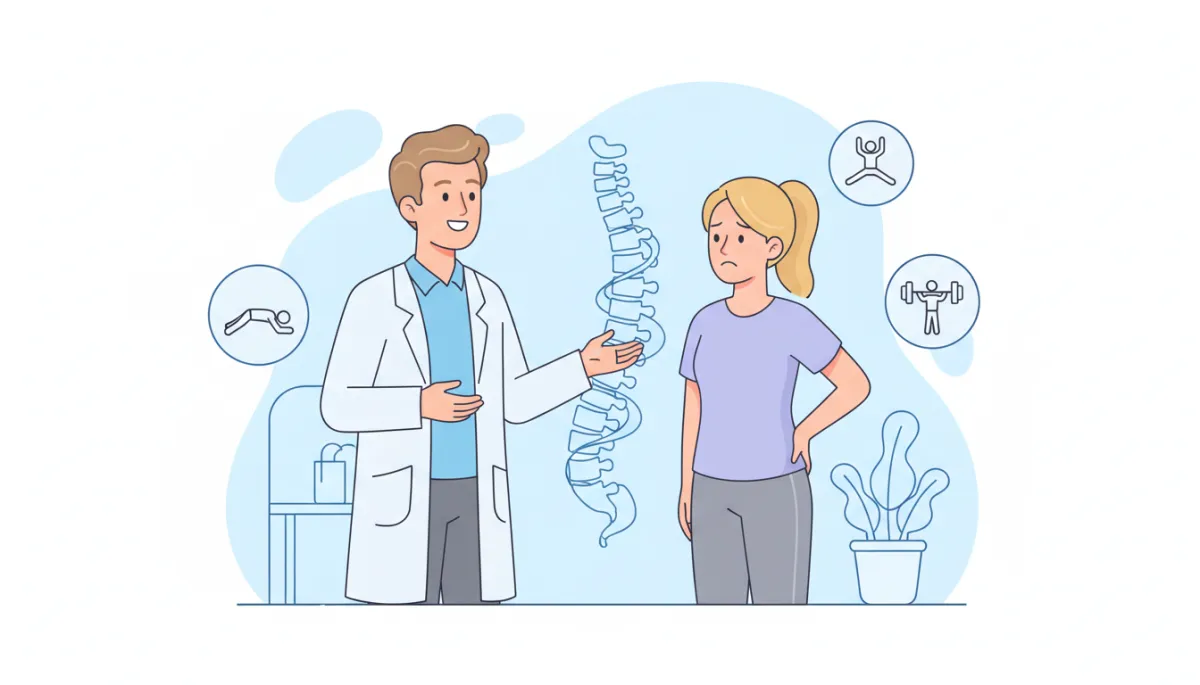 Cartoon-style illustration of a friendly chiropractor talking with a patient who has low back pain, with soft pastel colors, simple spine and exercise icons, and a light blue and white clinic background