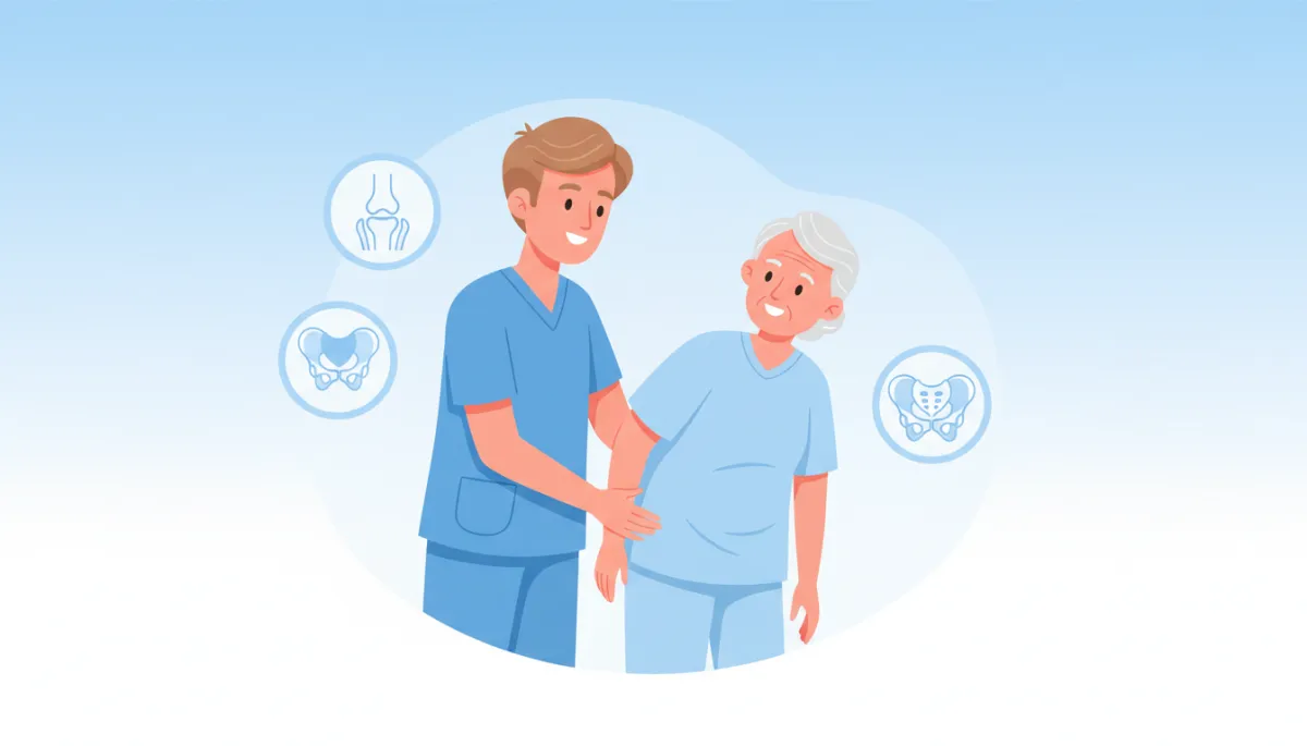 Cartoon-style illustration of a friendly clinician gently examining an older adult’s hip in a bright, pastel-colored clinic room, with simple hip joint anatomy icons in the background, light blue and white theme, calm and reassuring mood