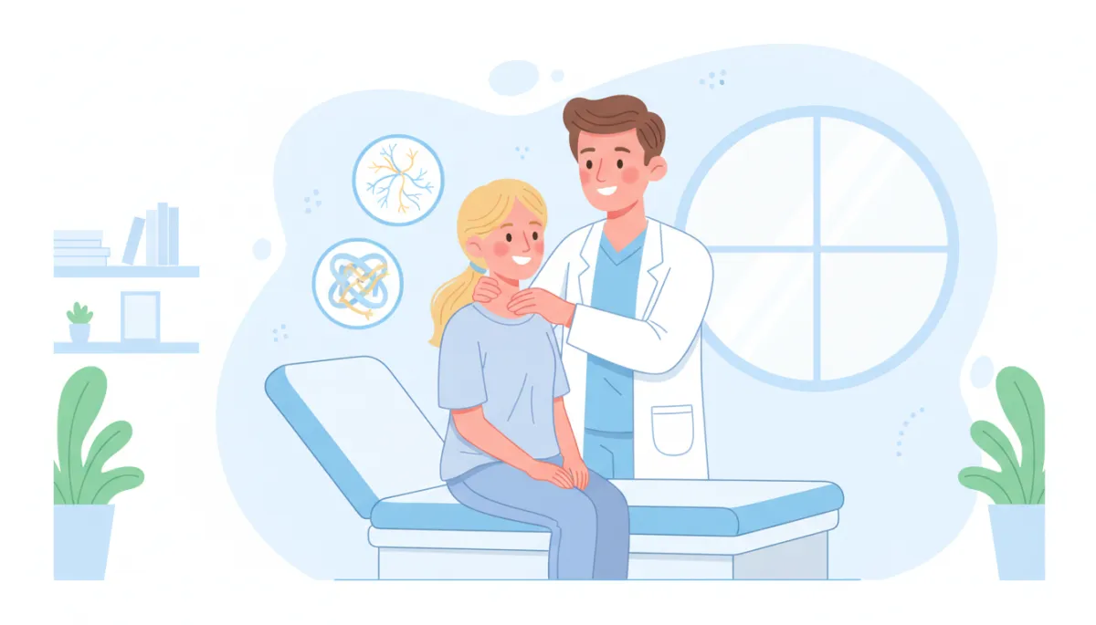 Cartoon-style illustration of a friendly chiropractor gently examining a patient's neck and upper back in a bright clinic room, soft pastel colors, light blue and white background, simple anatomy icons near the neck and head to show nerves and muscles, calm and reassuring mood, no needles or surgery