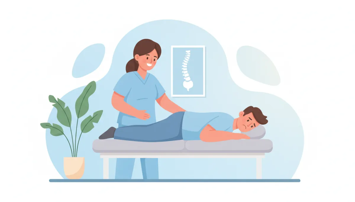 Cartoon-style illustration of a friendly chiropractor showing a patient with low back pain how to do gentle back exercises on a padded table, soft pastel colors, light blue and white background, simple spine icon on wall chart, calm and professional clinic setting