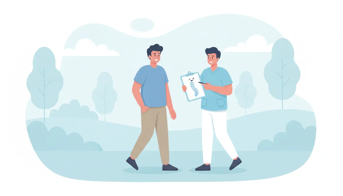 Cartoon-style illustration of an adult walking comfortably in a park while a friendly clinician points to a simple, smiling spine icon on a clipboard, soft pastel colors, white and light blue background, non-surgical wellness setting