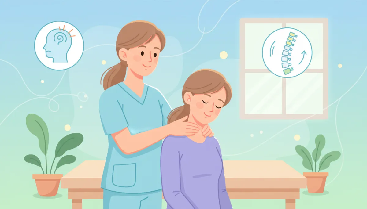 Cartoon-style chiropractor gently reviewing a migraine patient’s neck and spine with soft pastel colors, light blue background, simple anatomy icons showing head and neck, friendly and professional clinic setting, no needles or surgery