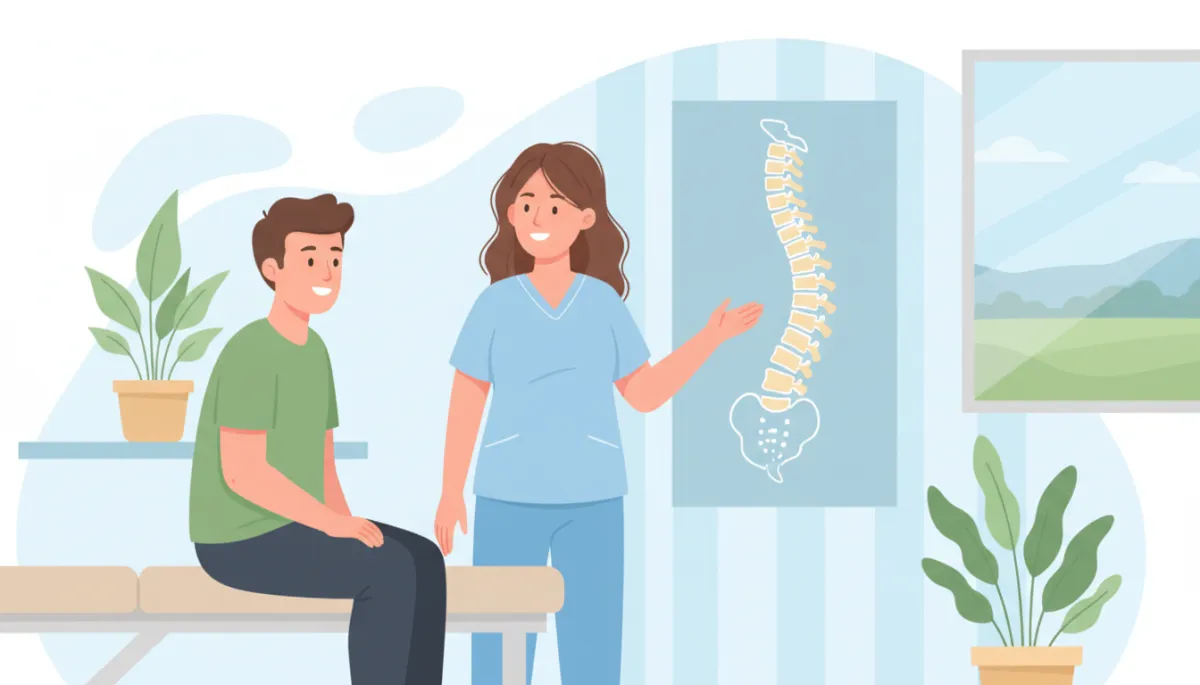 Cartoon-style illustration of a friendly chiropractor talking with a patient about spine health, soft pastel colors, light blue and white clinic background, simple spine diagram on wall, non-surgical wellness setting