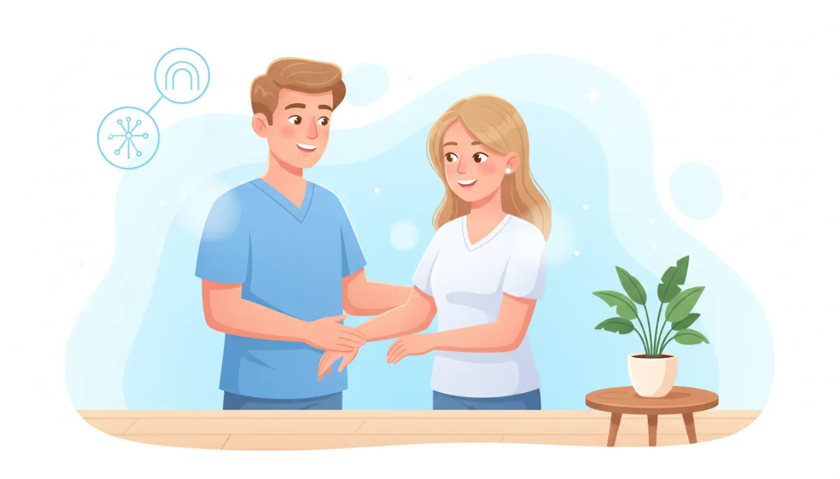 Cartoon-style chiropractor gently evaluating a patient’s wrist and hand in a bright clinic, soft pastel colors, light blue and white background, simple anatomy icons showing the median nerve and carpal tunnel, both patient and clinician smiling and relaxed, no needles or surgery equipment, clean and friendly wellness setting
