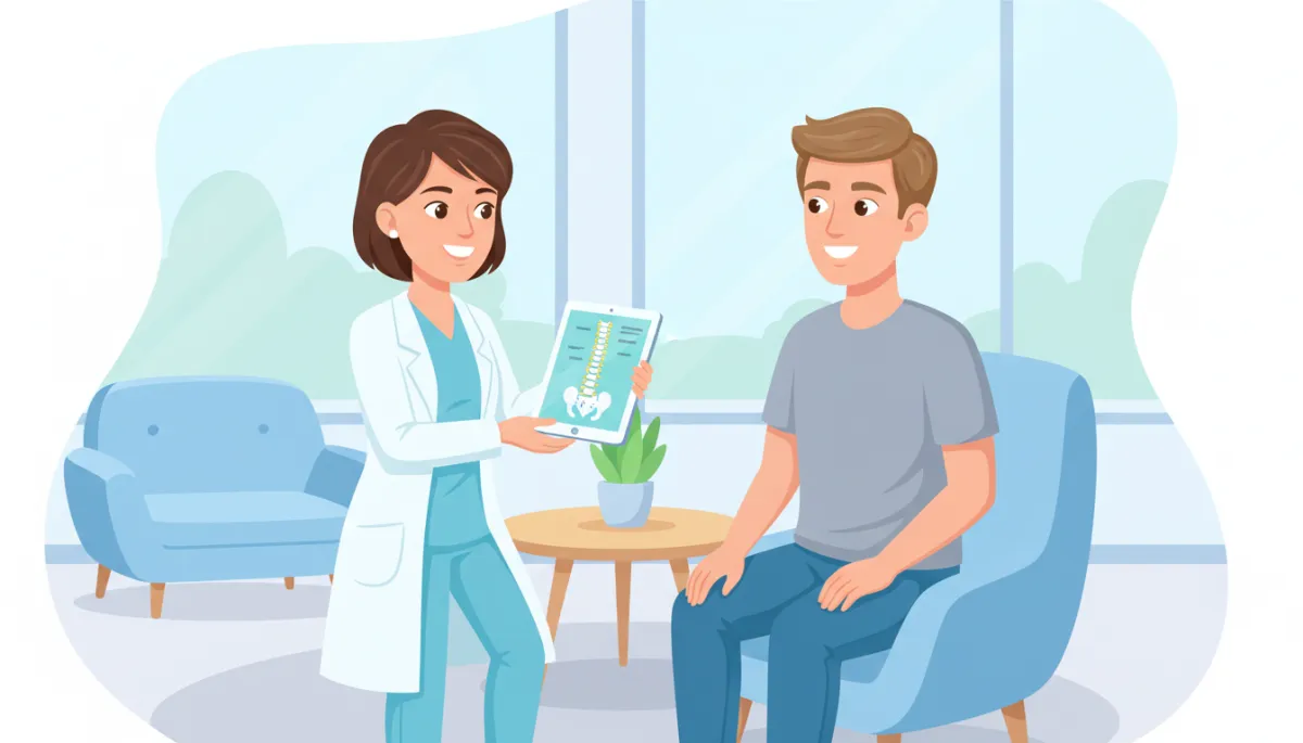 Cartoon-style illustration of a friendly clinician showing a patient a simple lumbar spine diagram on a tablet, both smiling in a calm clinic room with soft pastel colors and a white/light blue background, no needles or surgery equipment
