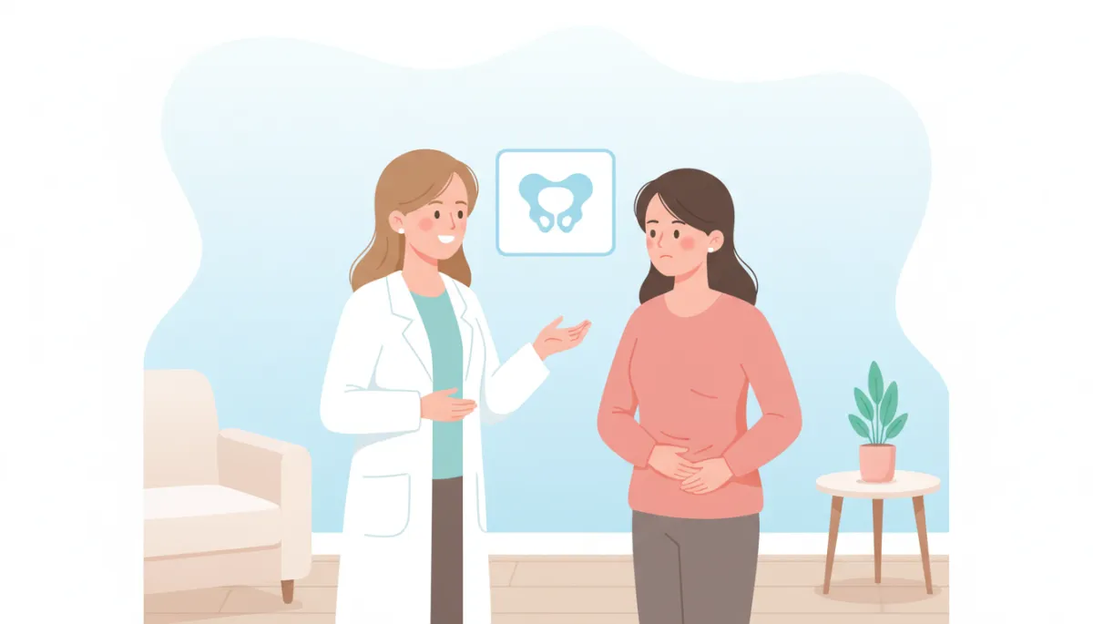 cartoon-style illustration of a friendly female clinician talking with a woman holding her lower abdomen in a calm clinic room, soft pastel colors, light blue and white background, simple pelvic anatomy icon on wall, no needles, no surgery equipment