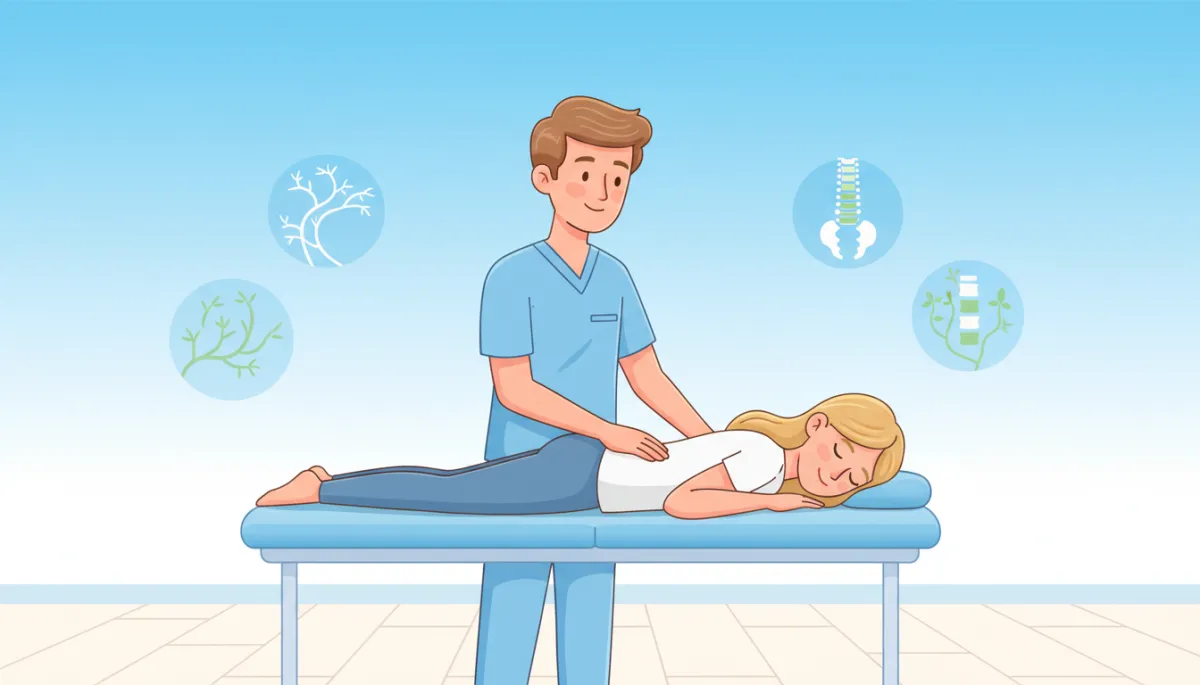 Cartoon-style illustration of a friendly chiropractor gently assessing a patient with low back pain in a bright clinic, soft pastel colors, light blue and white background, simple spine and nerve icons on the wall, both characters calm and relaxed, no needles or surgery equipment