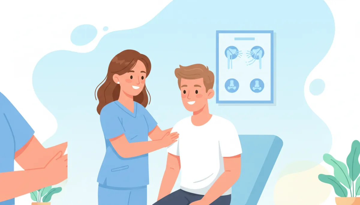 Cartoon-style illustration of a friendly chiropractor gently assessing a patient's shoulder in a bright clinic room, soft pastel colors, simple anatomy icons of the shoulder joint on a wall chart, light blue and white background, calm non-surgical setting