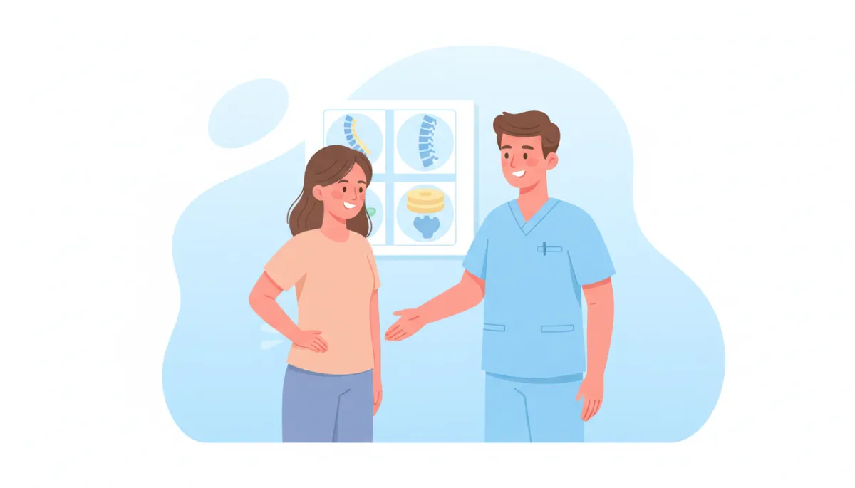 Cartoon-style illustration of a friendly chiropractor talking with a patient about back pain in a bright clinic, soft pastel colors, light blue and white background, simple spine and disc icons on the wall, calm and professional mood, no needles or surgery Cartoon-style illustration of a friendly chiropractor talking with a patient about back pain in a bright clinic, soft pastel colors, light blue and white background, simple spine and disc icons on the wall, calm and professional mood, no needles or surgery