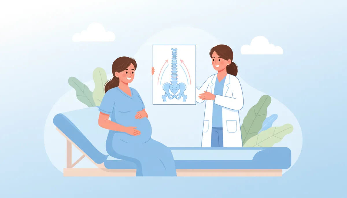 Cartoon-style illustration of a pregnant woman sitting comfortably on an exam table while a friendly clinician gently explains spine and pelvis alignment using a simple diagram, soft pastel colors, light blue and white background, calm and reassuring wellness setting