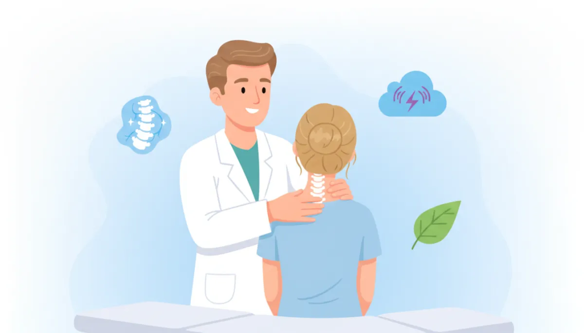 Cartoon-style chiropractor gently assessing a patient's neck and upper back in a bright, friendly clinic, soft pastel colors, light blue and white background, simple spine and headache icons, calm non-surgical wellness setting