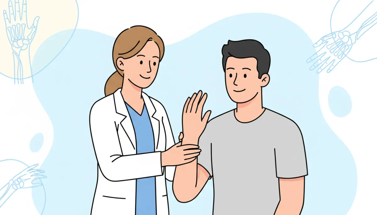 Cartoon-style illustration of a friendly clinician gently examining a patient’s wrist and hand in a bright, clean wellness clinic, with soft pastel colors, simple anatomy icons of the median nerve and wrist, and a light blue and white background, no needles or surgery equipment