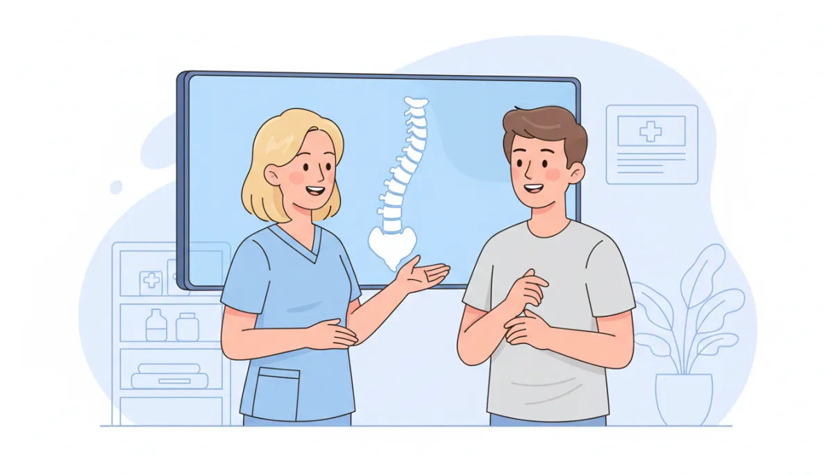 cartoon-style illustration of a friendly chiropractor talking with a patient while pointing to a simple spine diagram on a screen, soft pastel colors, white and light blue background, calm non-surgical clinic setting, both smiling and relaxed
