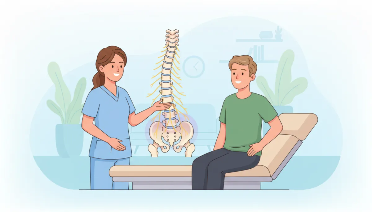 Cartoon-style illustration of a friendly chiropractor gently explaining spinal decompression to a patient with sciatica, showing a simple spine and nerve diagram in soft pastel colors on a light blue and white background, both smiling and relaxed in a clean wellness clinic setting