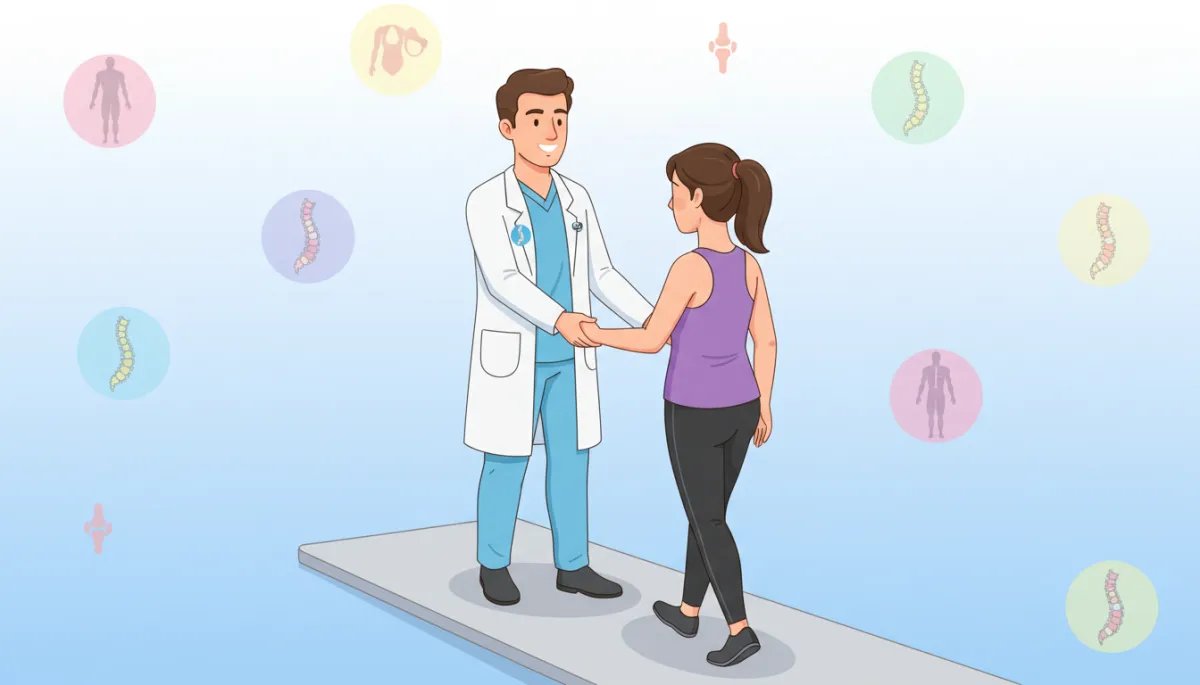 Cartoon-style illustration of a friendly chiropractor guiding an adult patient who is walking backward on a flat indoor path, with simple spine and muscle icons in soft pastel colors on a white and light blue background, calm clinical wellness setting, no needles or surgery