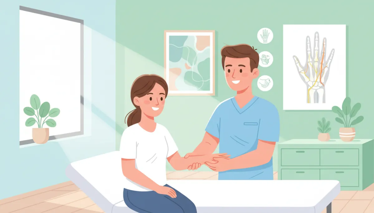 Cartoon-style illustration of a friendly chiropractor gently examining a patient’s wrist and hand in a bright, clean clinic with soft pastel colors, simple anatomy icons of the hand and median nerve on a wall chart, and a calm non-surgical wellness atmosphere