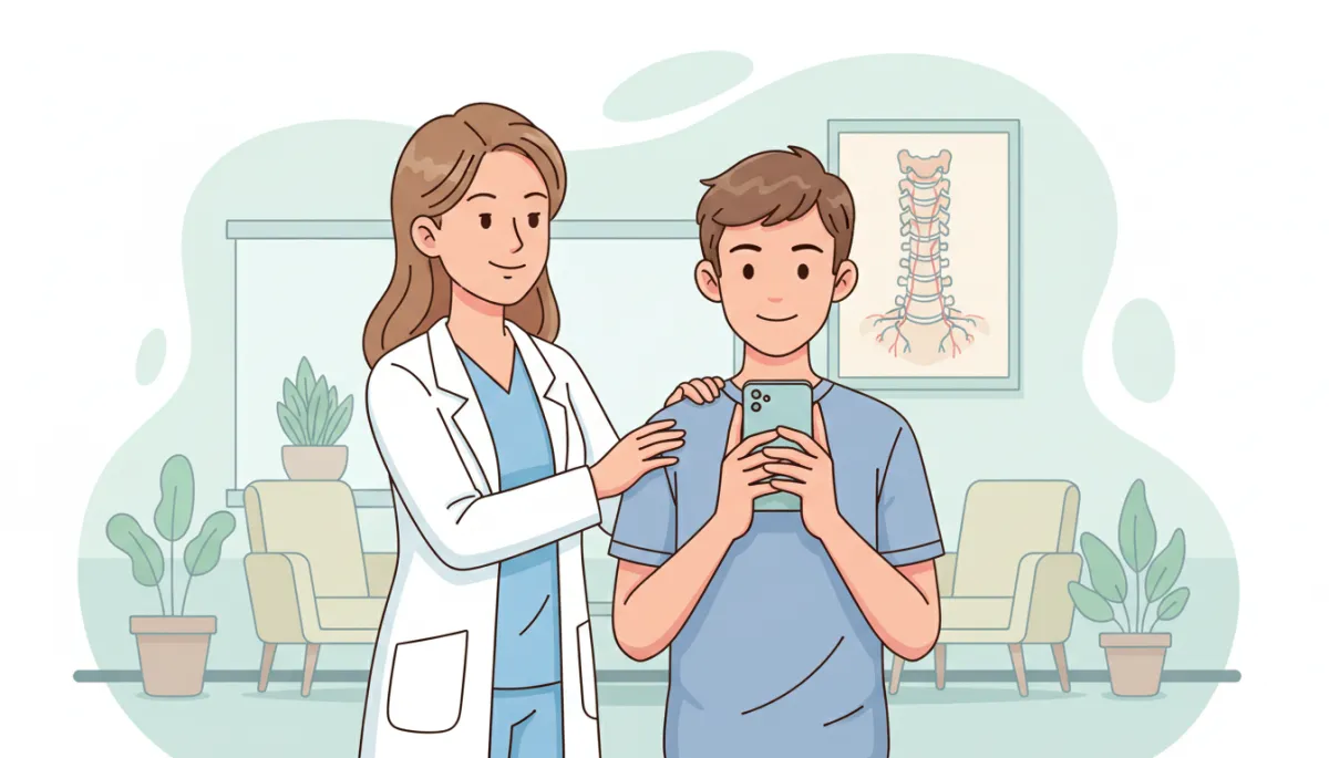 Cartoon-style chiropractor showing a young adult how to hold a smartphone at eye level, with a soft pastel clinic background, simple neck and spine illustration on a wall chart, friendly non-surgical wellness setting