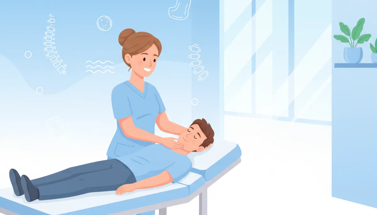 Cartoon-style chiropractor gently applying cervical traction to a relaxed patient lying on a treatment table, soft pastel colors, friendly clinician, simple spine and neck icons in the background, white and light blue clinic setting, calm and professional mood Cartoon-style chiropractor gently applying cervical traction to a relaxed patient lying on a treatment table, soft pastel colors, friendly clinician, simple spine and neck icons in the background, white and light blue clinic setting, calm and professional mood