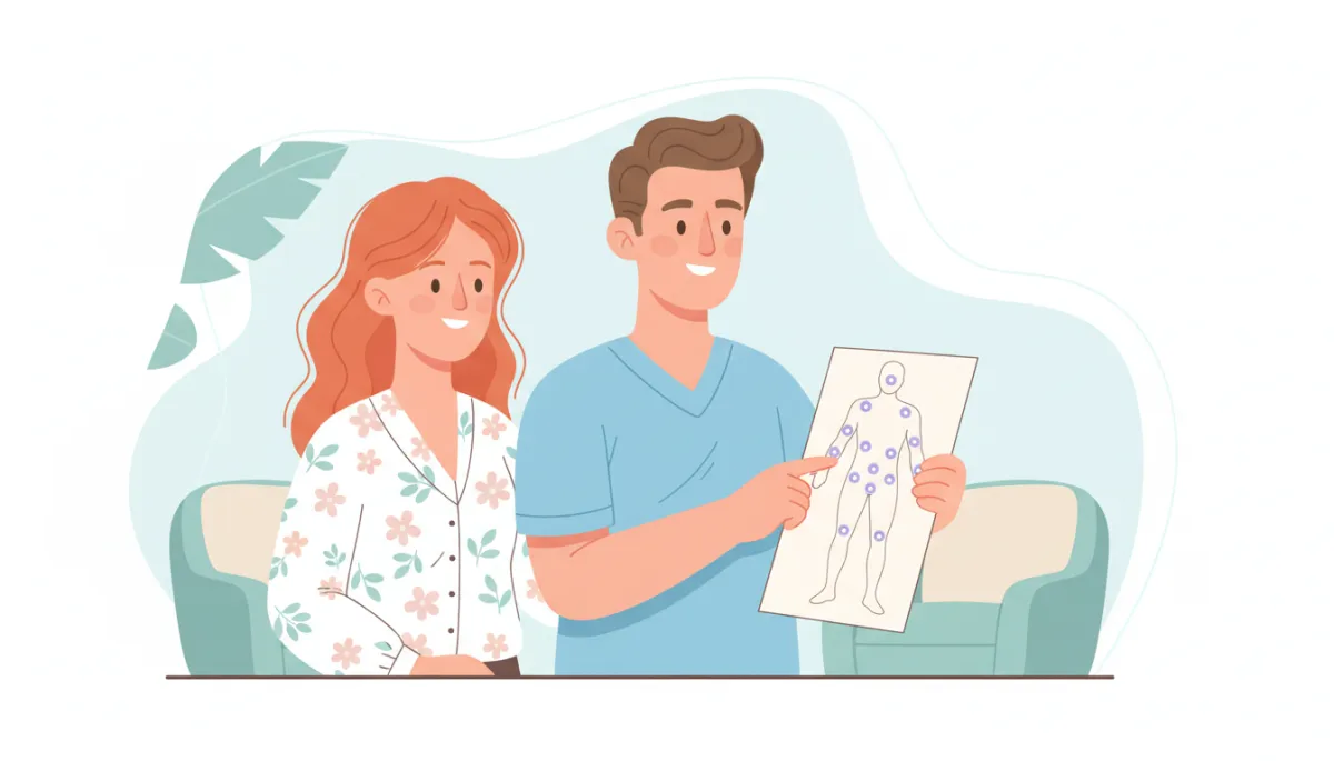 Cartoon-style chiropractor gently reviewing a fibromyalgia patient’s pain chart in a calm clinic setting, soft pastel colors, light blue and white background, friendly clinician pointing to simple body diagram icons showing widespread pain areas, both smiling and relaxed, no needles or surgery equipment