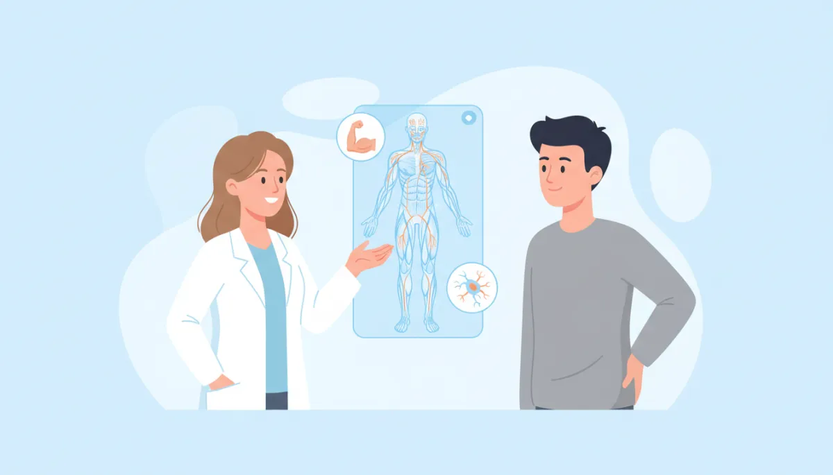 Cartoon-style illustration of a friendly clinician talking with a patient about chronic body pain, soft pastel colors, light blue and white background, simple anatomy icons showing muscles and nerves, calm and professional wellness setting, no needles or surgery