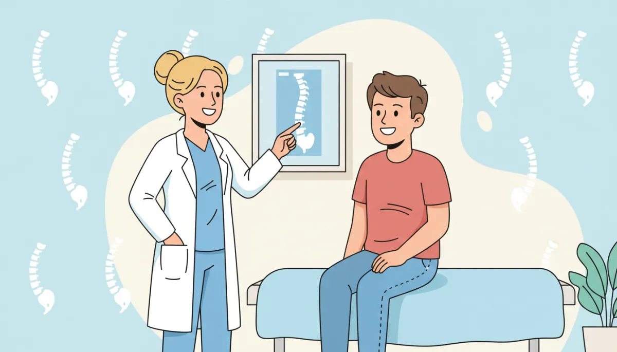 Cartoon-style chiropractor reviewing spinal X-ray with smiling patient in a bright clinic, soft pastel colors, simple spine icons on wall, light blue and white background Cartoon-style chiropractor reviewing spinal X-ray with smiling patient in a bright clinic, soft pastel colors, simple spine icons on wall, light blue and white background