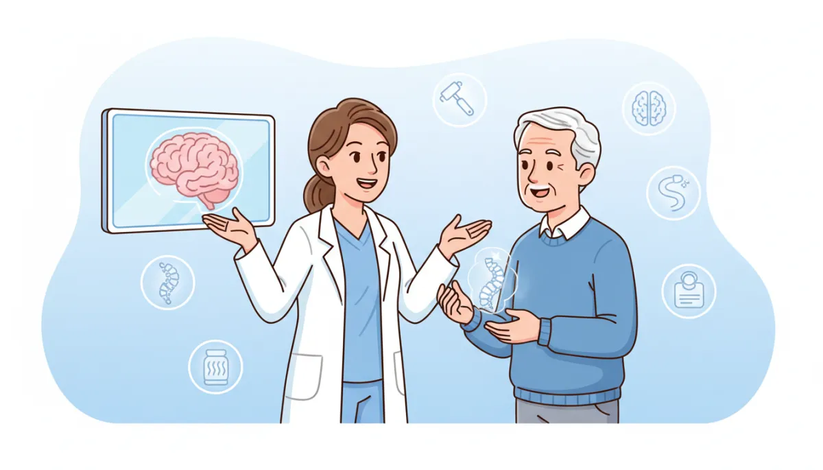 Cartoon-style chiropractor and older patient discussing brain and spine health in a bright, friendly clinic, soft pastel colors, white and light blue background, simple icons of a brain, spine, and non-surgical therapy devices on the wall
