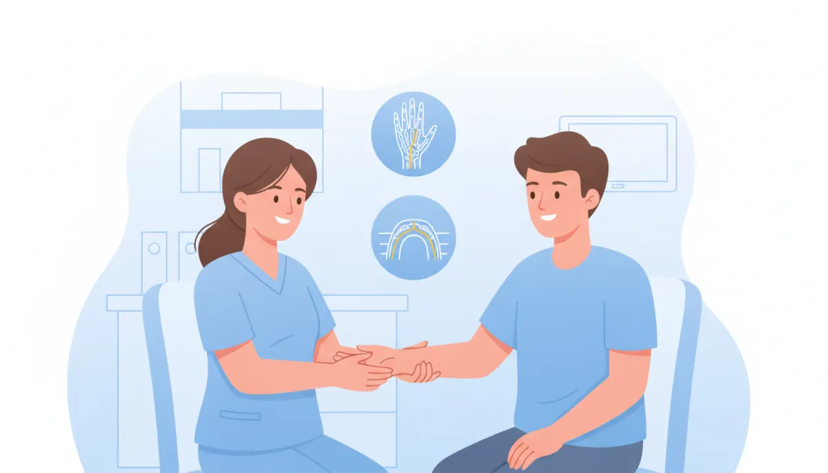 Cartoon-style illustration of a friendly clinician gently examining a patient’s wrist and hand in a bright, soft pastel clinic room with simple anatomy icons showing the median nerve and carpal tunnel, non-surgical and calm setting, white and light blue background