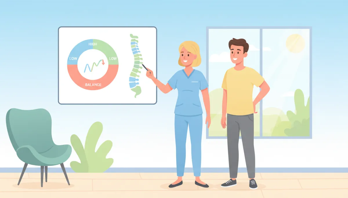 Cartoon-style chiropractor and patient reviewing a simple blood sugar and spine diagram in a bright, friendly clinic, soft pastel colors, light blue and white background, non-surgical wellness setting