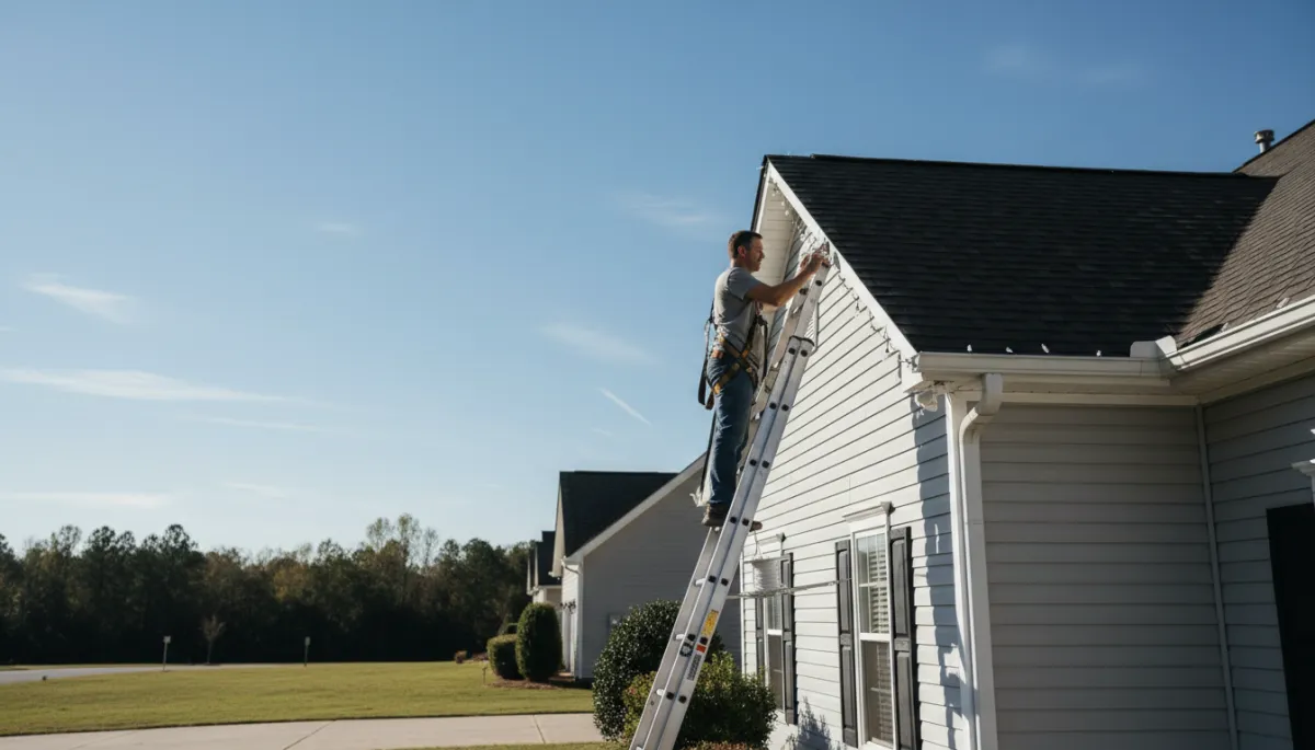 Homeowner in Georgia safely installing outdoor Christmas lights on a clear day Homeowner in Georgia safely installing outdoor Christmas lights on a clear day