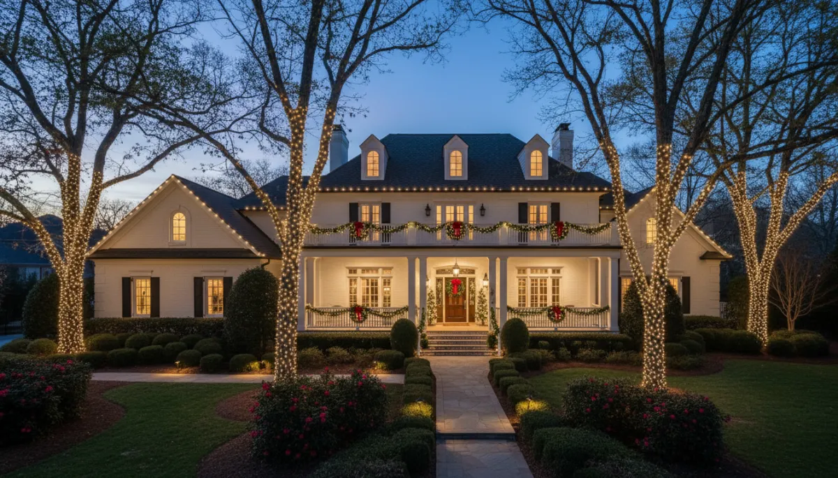 Luxury Athens home at dusk with elegant warm white Christmas lights on rooflines and landscaping