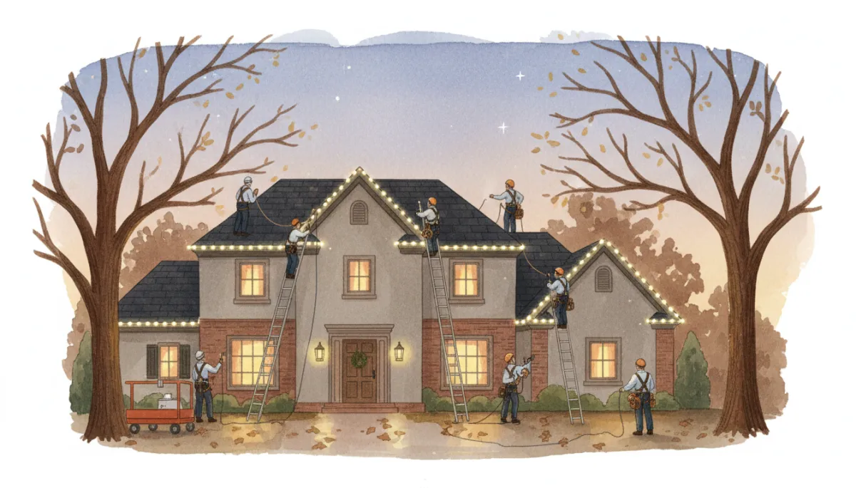 Professional crew installing Christmas lights on an Athens GA home