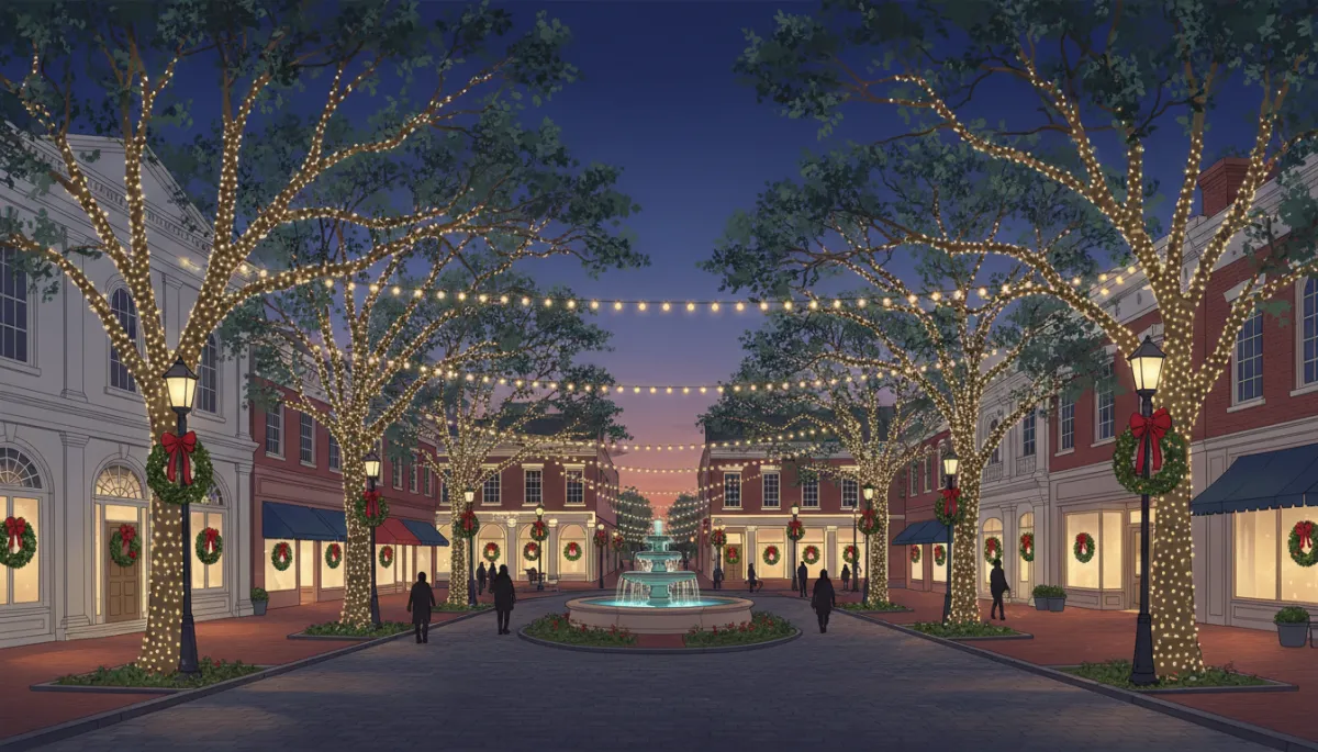 A photorealistic, high-resolution image of a charming town square in Athens, Georgia at blue hour, featuring elegant and professionally designed holiday lighting. The scene includes a welcoming, vibrant atmosphere with historic Southern architecture, mature trees wrapped in warm white lights, tasteful garlands and wreaths on lamp posts, and softly glowing string lights outlining storefronts and walkways. The lighting design should feel intentional and upscale, highlighting key architectural features while creating a sense of warmth and community. The setting is festive but refined, suitable for both commercial and residential properties, and evokes the idea of making a stunning first impression for visitors during the holiday season. Ensure the composition is wide enough to display full-width, with natural proportions and responsive clarity for both desktop and mobile viewing. A photorealistic, high-resolution image of a charming town square in Athens, Georgia at blue hour, featuring elegant and professionally designed holiday lighting. The scene includes a welcoming, vibrant atmosphere with historic Southern architecture, mature trees wrapped in warm white lights, tasteful garlands and wreaths on lamp posts, and softly glowing string lights outlining storefronts and walkways. The lighting design should feel intentional and upscale, highlighting key architectural features while creating a sense of warmth and community. The setting is festive but refined, suitable for both commercial and residential properties, and evokes the idea of making a stunning first impression for visitors during the holiday season. Ensure the composition is wide enough to display full-width, with natural proportions and responsive clarity for both desktop and mobile viewing.