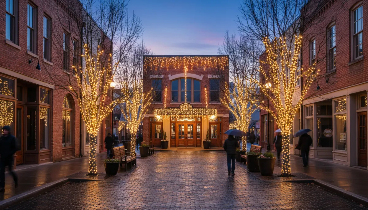 A photorealistic, full-width image of a cohesive Athens, Georgia-inspired commercial streetscape at blue hour. The scene features attractive brick storefronts, an event venue entrance, mature trees, and a community gathering space decorated with elegant, professionally installed warm-white Christmas lights. The image should have realistic Georgia winter conditions with no snow. No text, logos, watermarks, collage, split screen, or visible wires. Alt text: 'Professional commercial and community holiday lighting in Athens, Georgia.' A photorealistic, full-width image of a cohesive Athens, Georgia-inspired commercial streetscape at blue hour. The scene features attractive brick storefronts, an event venue entrance, mature trees, and a community gathering space decorated with elegant, professionally installed warm-white Christmas lights. The image should have realistic Georgia winter conditions with no snow. No text, logos, watermarks, collage, split screen, or visible wires. Alt text: 'Professional commercial and community holiday lighting in Athens, Georgia.'